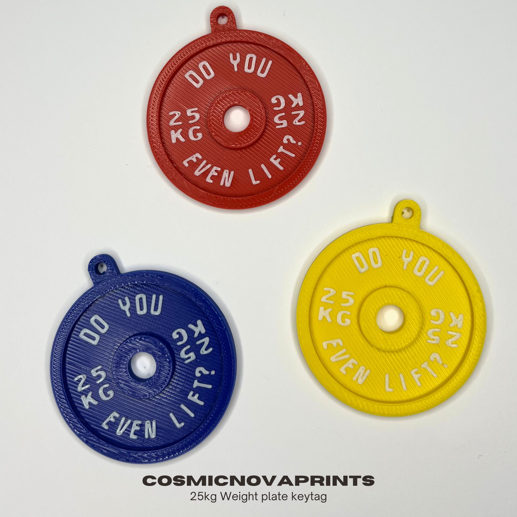 Three weight plate keytags in red, blue, and yellow with text 'DO YOU EVEN LIFT?' and '25kg'.