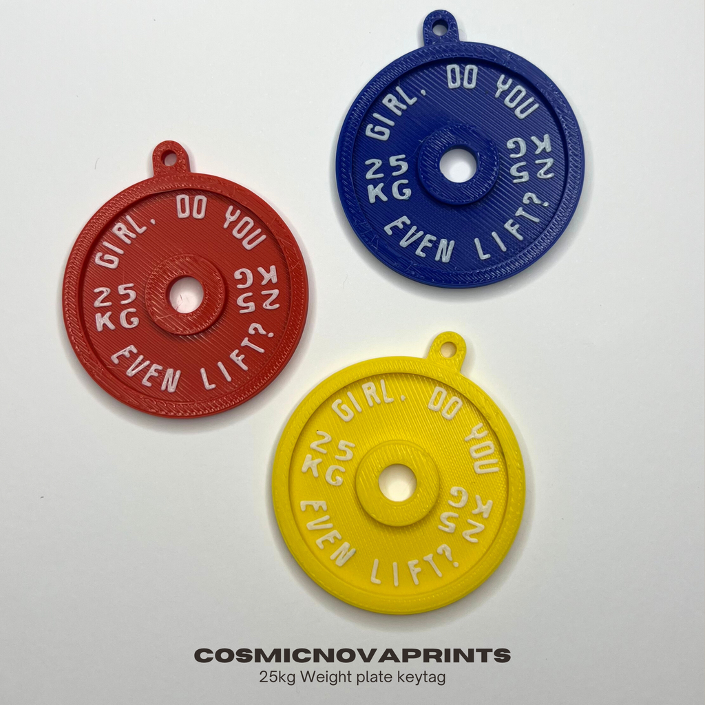 Three weight plate keytags in red, blue, and yellow with text "Girl, do you even lift" on a white background.